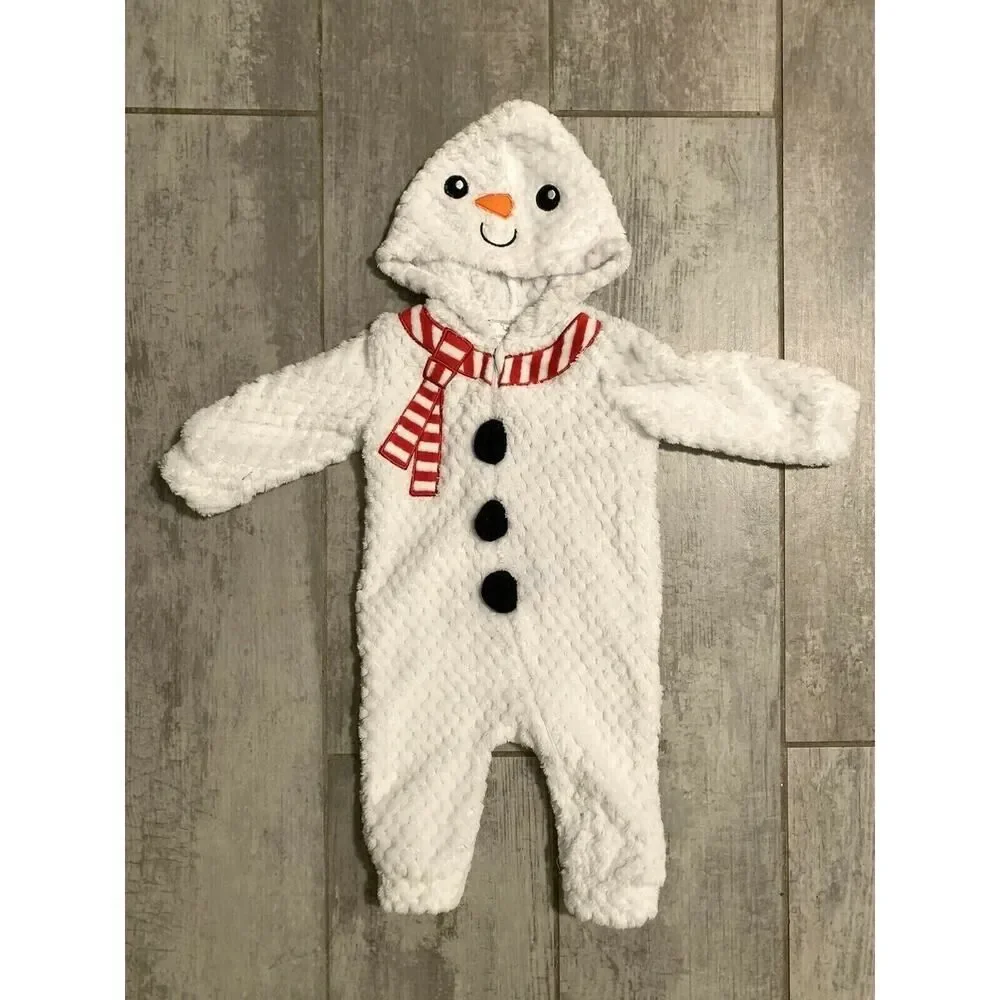 White Christmas Snowman Winter Zip Up Hooded One-Piece Coverall Outfit 3-6 M EUC